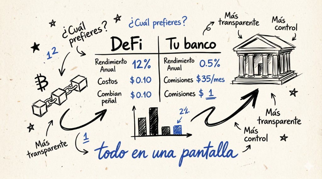 Ilustración: comparación DeFi frente a tu banco, rendimientos y costes, todo en una pantalla.