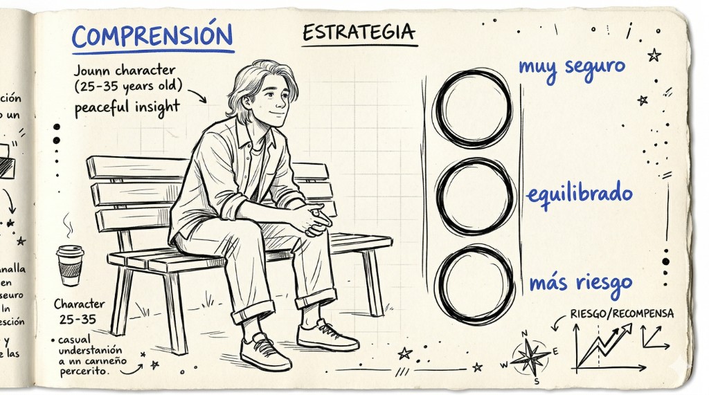Ilustración: comprensión y estrategia de inversión con niveles de riesgo (muy seguro, equilibrado, más riesgo) explicados de forma sencilla.